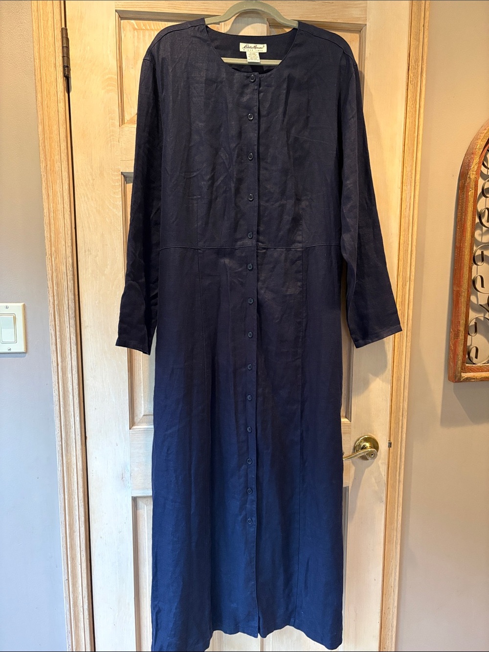 Eddie Bauer Vintage Deep Navy Button-Front 100% Linen Maxi Dress XXL Tall
